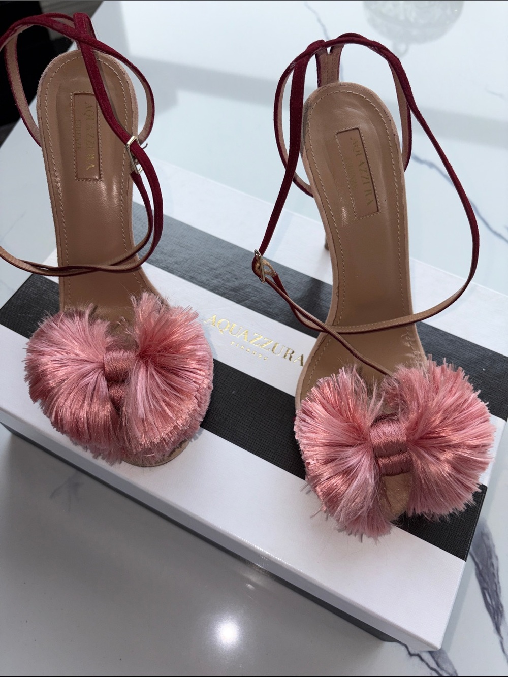 Aquazzura Rose-Pink Pom-Pom Ankle-Tie Sandals